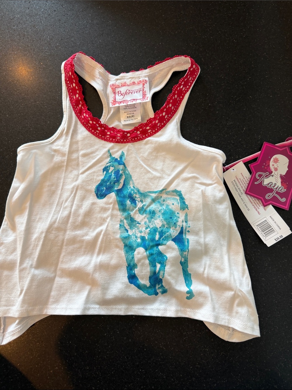 American Girl BeForever 21 White Tank Top with Blue Horse Graphic